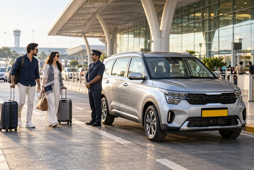 Travellers with suitcases meeting a chauffeur outside an airport.