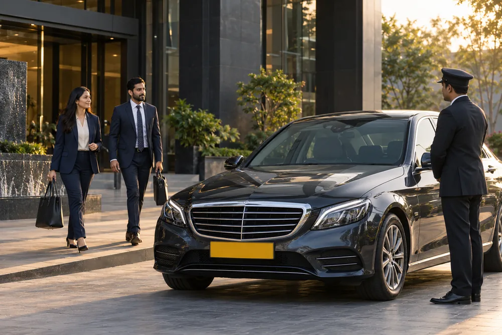 Business travellers approaching a chauffeur-driven car outside an office.