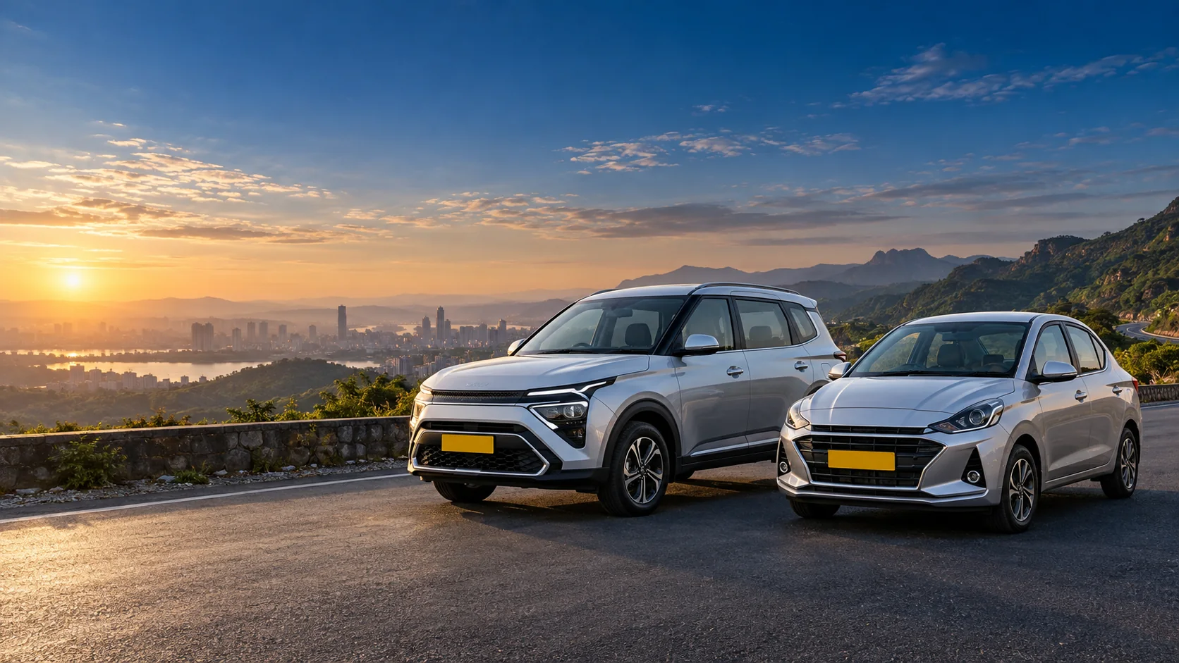 Silver chauffeur-driven vehicles beside an Indian city and green hills at sunrise.