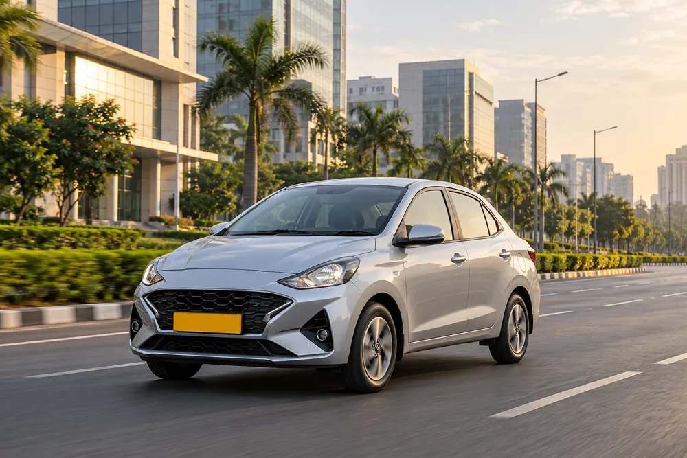 A silver sedan on a tree-lined modern Indian city boulevard.
