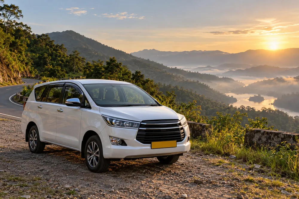 A white touring vehicle at a scenic viewpoint in green hills.